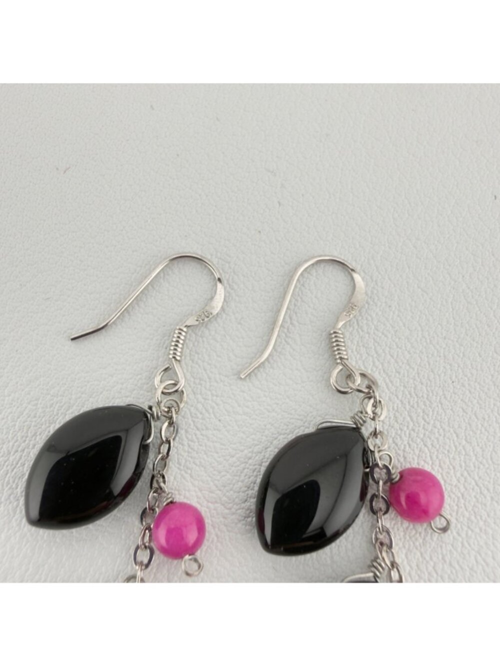 Sterling Silver Long Beaded Dangle Earrings Black Pink 2.5" - Picture 10 of 10